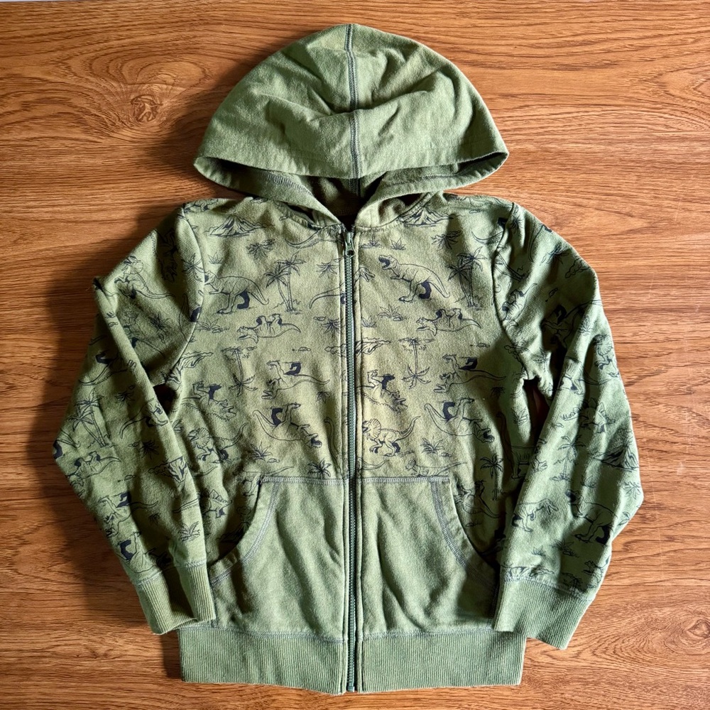 Boys Dinosaur Hoodie Size 7 Olive Green Zip Up Hoodie Kids Sweatshirt Small